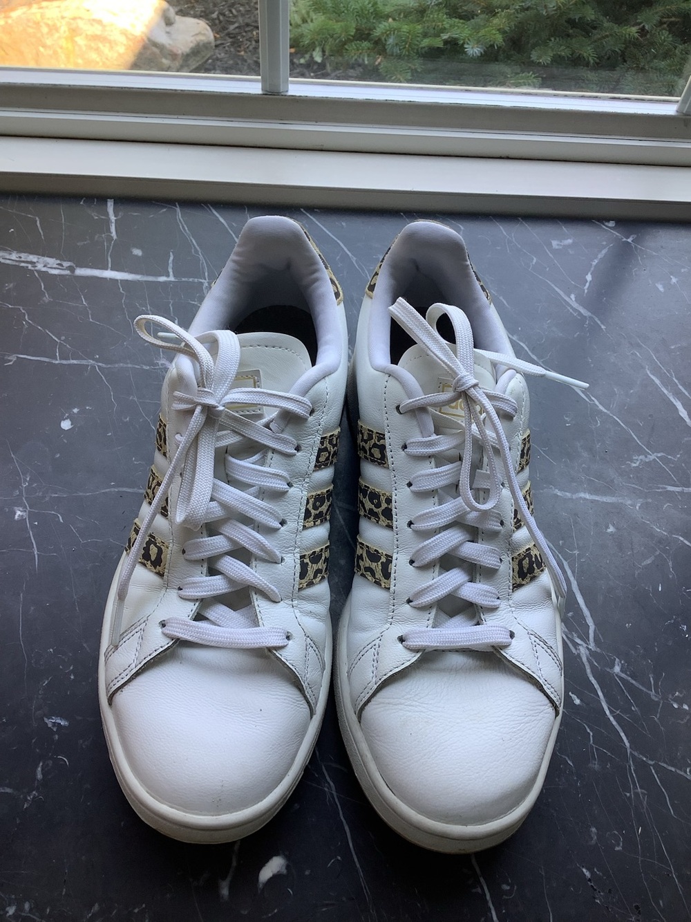 White Women's Adidas Sneakers with Leopard Stripe Accents